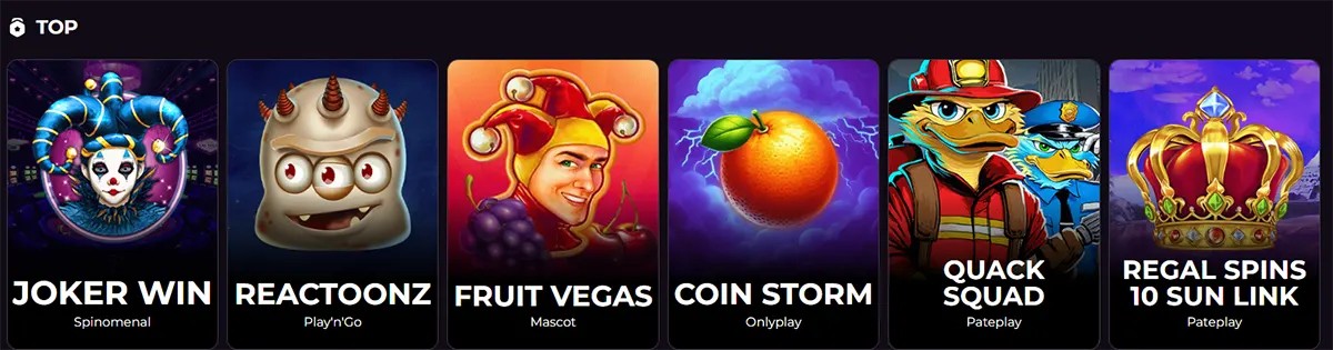 Top casino game tiles including Joker Win, Reactoonz, Fruit Vegas, Coin Storm, Quack Squad, and Regal Spins to Sun Link.
