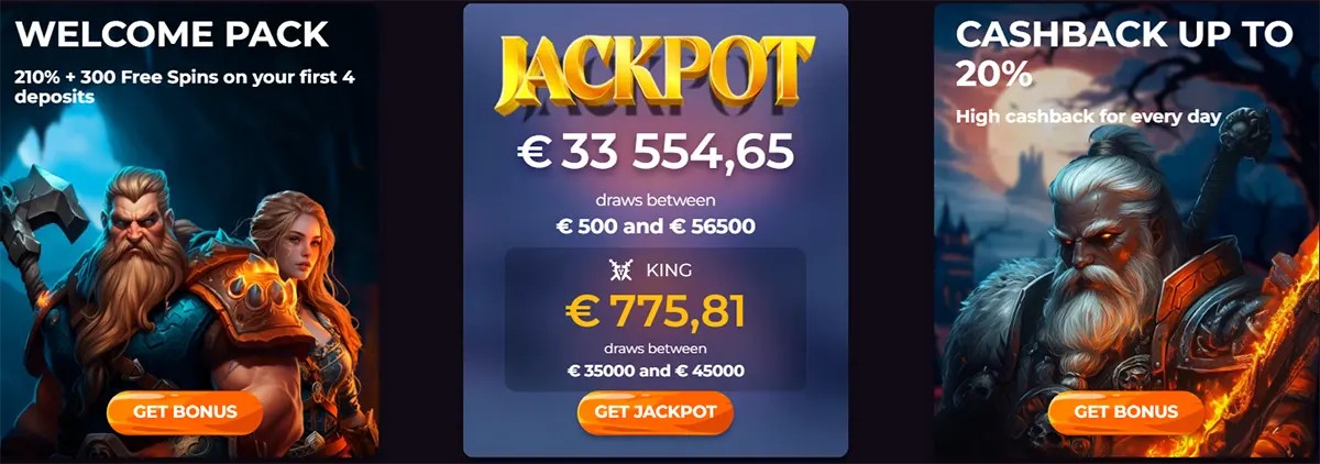 Three promotional casino banners showing a welcome pack with free spins, a jackpot prize of €33,554.65, and a daily cashback offer up to 20%.
