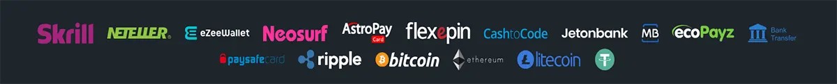 Payment methods bar showing Skrill, Neteller, Neosurf, AstroPay, Flexepin, Cash to Code, Jetonbank, ecoPayz, paysafecard, Ripple, Bitcoin, Ethereum, Litecoin, Tether, and bank transfer logos.